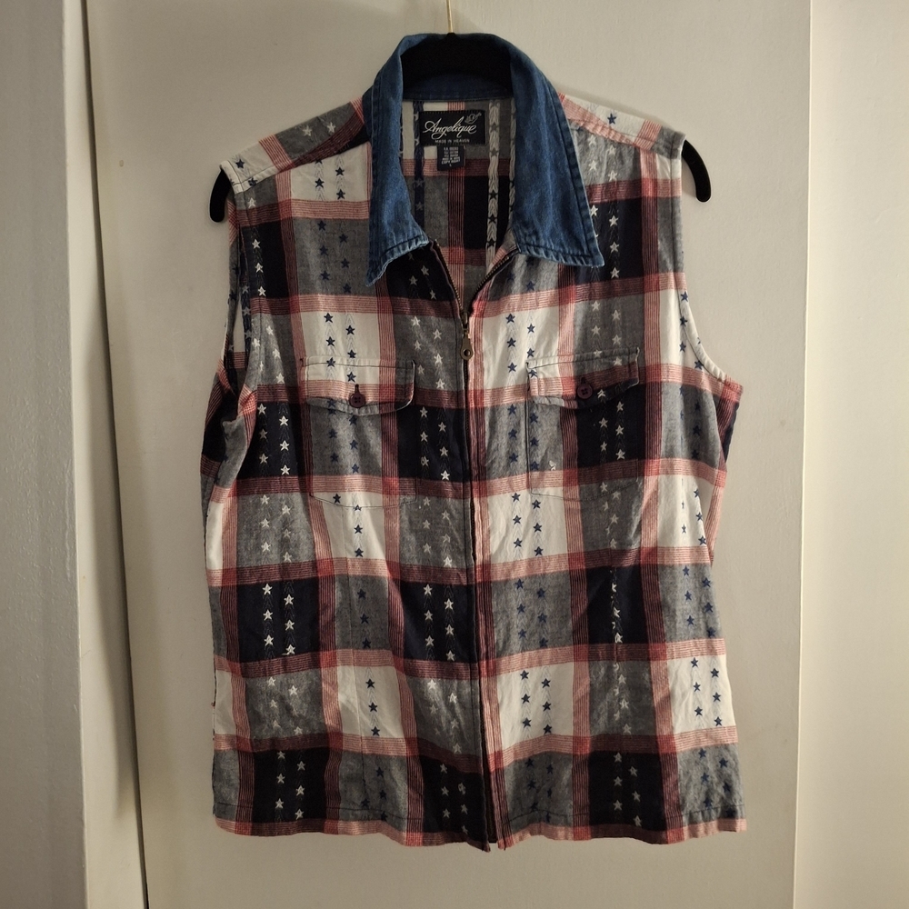 Angelique Women's Red, White, And Blue Sleeveless Denim Collar Shirt